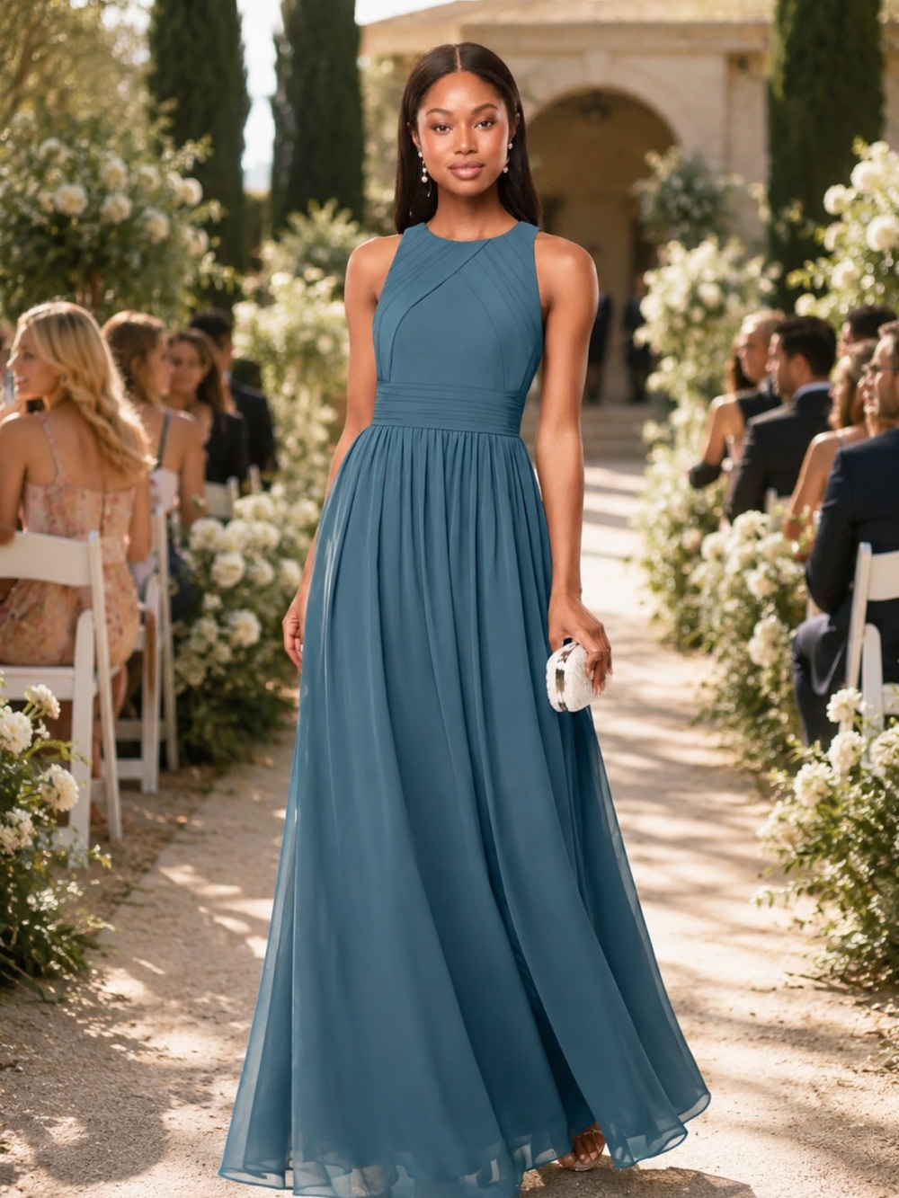 Teal Sleeveless Halter Evening Gown
